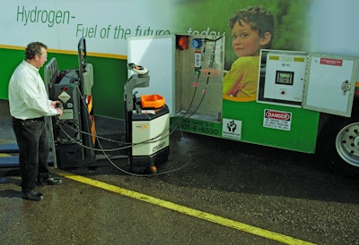 A mobile fuel cell refueling station.