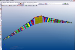 Aircraft wingbox analysis in Collier Research’s HyperSizer shows color-coded composite laminate sections, demonstrating the software’s capability to customize for location-specific loading and to increase manufacturing efficiency.