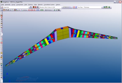 Aircraft wingbox analysis in Collier Research’s HyperSizer shows color-coded composite laminate sections, demonstrating the software’s capability to customize for location-specific loading and to increase manufacturing efficiency.