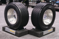 Continental’s HDL2 Eco Plus super single drive tire (left) and the HDL2 DL super single drive tire (right) on display at the Mid-America Trucking Show.