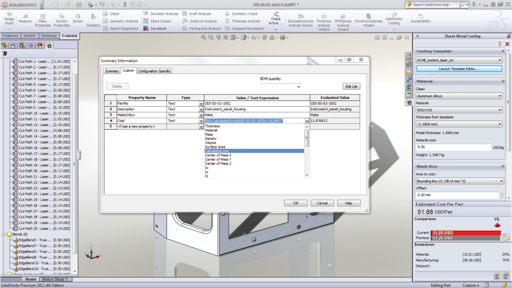 Solidworks 2012 Costing Feature Cad Software Oem Off Highway