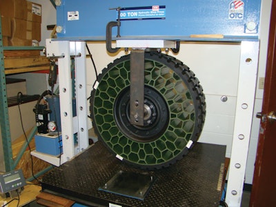 The non-pneumatic tire (NPT) design prevents the possibility of punctures and enables military vehicles to operate in any terrain, allowing soldiers to quickly evacuate from dangerous situations if necessary.