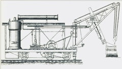 The Dill Steam Shovel and Derrick Car. The steam piston for tilting the dipper is seen under the dipper stick, and the entire boom tipped on the curved plate at its base.