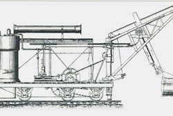 The Dill Steam Shovel and Derrick Car. The steam piston for tilting the dipper is seen under the dipper stick, and the entire boom tipped on the curved plate at its base.