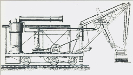 The Dill Steam Shovel and Derrick Car. The steam piston for tilting the dipper is seen under the dipper stick, and the entire boom tipped on the curved plate at its base.
