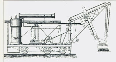 The Dill Steam Shovel and Derrick Car. The steam piston for tilting the dipper is seen under the dipper stick, and the entire boom tipped on the curved plate at its base.