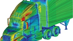 This computational fluid dynamics model of a Volvo truck illustrates how air moves around the vehicle. It shows what direction the air is moving in as well as velocity profiles (blue is air slowing down, red is air speeding up). A CFD model like this will help the Volvo engineers determine which aerodynamic changes are working for their SuperTruck design.