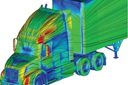 This computational fluid dynamics model of a Volvo truck illustrates how air moves around the vehicle. It shows what direction the air is moving in as well as velocity profiles (blue is air slowing down, red is air speeding up). A CFD model like this will help the Volvo engineers determine which aerodynamic changes are working for their SuperTruck design.