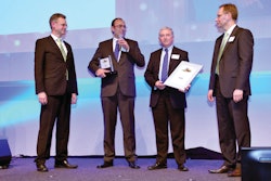 Michael Kohlem (Head of R&D CLAAS CSE), Jens Steinhardt and Andrew Mabin of Mitas, and Ruediger Mohr (Head of Corporate Purchasing CLAAS Group) at Suppliers' Day of the CLAAS Group, January 2012.