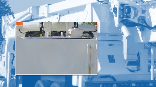 This 109-gallon capacity hydraulic oil reservoir is fabricated from aluminized steel and is used in an aerial work platform bucket truck. It includes a sight gauge, filler-breather and filter.