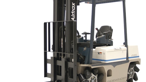An omni-directional drive system on the SIDEWINDER forklift truck enables to vehicle to instantly move in any direction.