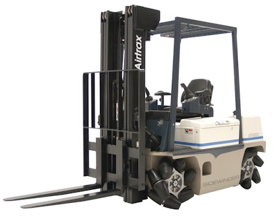 An omni-directional drive system on the SIDEWINDER forklift truck enables to vehicle to instantly move in any direction.