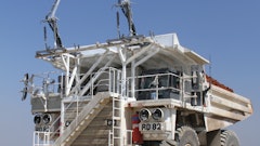 The Hitachi EH3500ACII operates via a trolley system in which voltage lines provide electrical power to the vehicle.