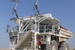 The Hitachi EH3500ACII operates via a trolley system in which voltage lines provide electrical power to the vehicle.