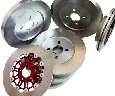 These metal matrix composite (MMC) brake rotors from REL are made from a combination of aluminum and ceramic. The light weight aluminum offers heat dissipation capabilities while the ceramic provides wear resistance.