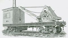 This full-revolving crane, built by Industrial Works in 1886, was the first American-built true locomotive crane.