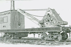 This full-revolving crane, built by Industrial Works in 1886, was the first American-built true locomotive crane.