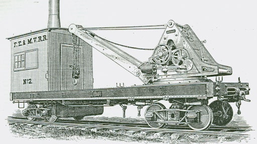 This full-revolving crane, built by Industrial Works in 1886, was the first American-built true locomotive crane.