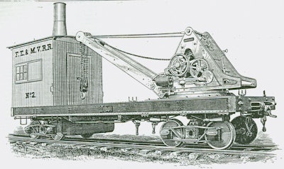 This full-revolving crane, built by Industrial Works in 1886, was the first American-built true locomotive crane.