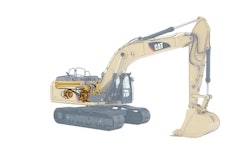 The 336E H captures the swing brake energy with a hydraulic accumulator. That energy is then used to accelerate the excavator upper structure back in the opposite direction.