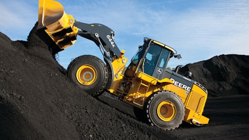 The John Deere 644K Hybrid wheel loader uses a diesel engine running at steady state to turn an electric generator.