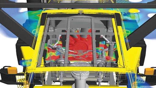 Accurate simulation using Exa software enables prediction of airflow, thermal and acoustic performance. Image highlights the complex geometry of the CAD model and the heat-up of air as it passes through the heat exchangers and fan.