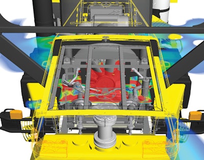 Accurate simulation using Exa software enables prediction of airflow, thermal and acoustic performance. Image highlights the complex geometry of the CAD model and the heat-up of air as it passes through the heat exchangers and fan.