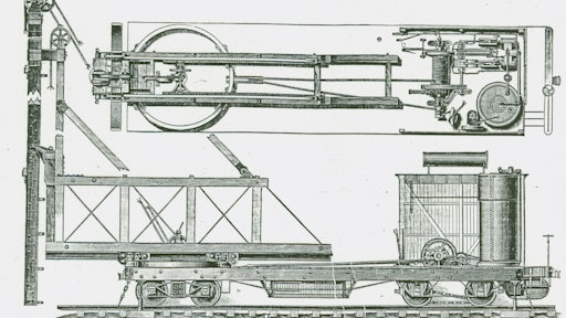 Self-propelled railroad pile drivers were built by Industrial Works as early as 1885, as evidenced by this Steam Pile-Driver Car.