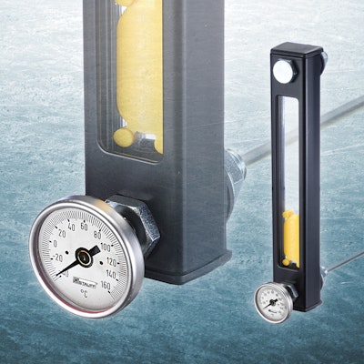 Level gauges display both the fluid level and temperature in hydraulic reservoirs