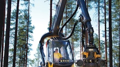 Ponsse chose to have the Scorpion harvester's crane extend up and over the operator cab for improved visibility on all sides of the machine.