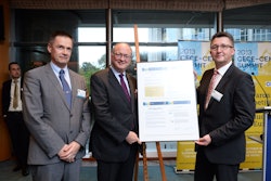 Gilles Dryancour, President of CEMA (left) and Johann Sailer, President of CECE (far right), present Malcom Harbour, MEP (center) with the associations' 10-point action plan for strenthening industrial production in Europe.