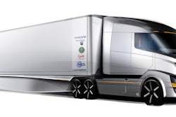 Volvo has already reduced aerodynamic drag 26% on its demonstration vehicle through the use of various trailer add-on devices and modified tractor fairings, and will reach an overall drag reduction of 40% through the next level of design changes to the tractor. Pictured is a representation of what a truck could look like by the completion of the program.