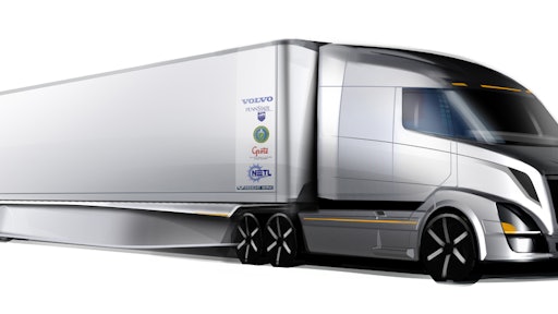 Volvo has already reduced aerodynamic drag 26% on its demonstration vehicle through the use of various trailer add-on devices and modified tractor fairings, and will reach an overall drag reduction of 40% through the next level of design changes to the tractor. Pictured is a representation of what a truck could look like by the completion of the program.