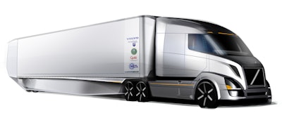 Volvo has already reduced aerodynamic drag 26% on its demonstration vehicle through the use of various trailer add-on devices and modified tractor fairings, and will reach an overall drag reduction of 40% through the next level of design changes to the tractor. Pictured is a representation of what a truck could look like by the completion of the program.