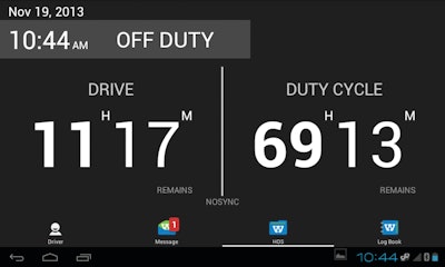 Webtech Driver Center Hours of Service screen