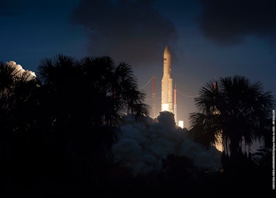 The Ariane 5 lifts off at the Kourou spaceport.