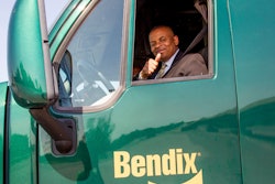 U.S. Secretary of Transportation Anthony Foxx drives a demo truck outfitted with Bendix ADB22X air disc brakes during the Bendix advanced safety technologies demonstration.