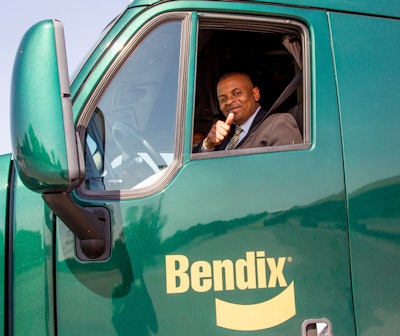 U.S. Secretary of Transportation Anthony Foxx drives a demo truck outfitted with Bendix ADB22X air disc brakes during the Bendix advanced safety technologies demonstration.