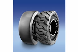 The new All Terrain design (right) features a deep, open tread for off-road applications and the Hard Surface design (left) has a smooth surface for greater wear life on pavement and asphalt.