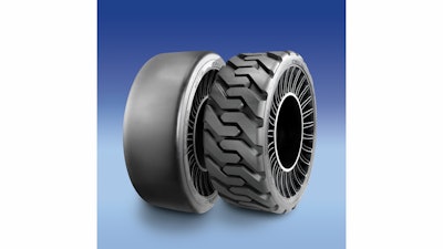 The new All Terrain design (right) features a deep, open tread for off-road applications and the Hard Surface design (left) has a smooth surface for greater wear life on pavement and asphalt.