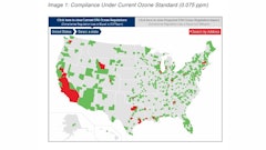 The EPA's current Ozone Regulations: Green indicates the county meets standards, red does not meet standards, and gray areas are not currently monitored.