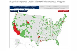 The EPA's current Ozone Regulations: Green indicates the county meets standards, red does not meet standards, and gray areas are not currently monitored.
