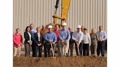 Scott Maki, Al Northquest and Randy Reinke of Custom Products (L to R wearing hard hats) with representatives of DEED, Minnesota Chamber of Commerce, City of Litchfield, Litchfield Chamber of Commerce, Bremer Bank and Systems West.