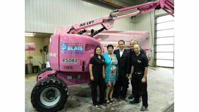 JLG dealer Location Blais painted a JLG 450AJ articulating boom lift pink to raise breast cancer awareness. Left to right: Christina Bolduc; Denise Racette, breast cancer patient and mother of Serge Blais; Serge Blais, Jr.; Marc Blais; Olivier Gauthier.