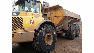 Volvo A40E articulated dump truck running on the new M-Terrain in a limestone quarry in Poland.