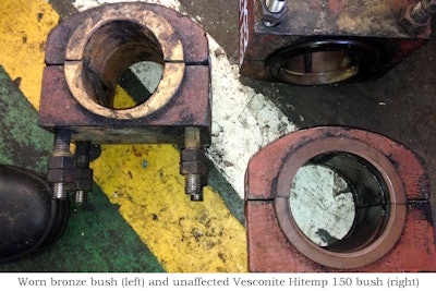 A worn bronze bush (left) compared to an unaffected Vesconite Hitemp 150 bush (right).