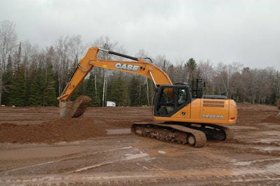 The CX250D Series excavator features 177 hp; weighs 56,909 lbs.; and has a bucket digging force of 36,419 – 39,566 ft. lbs.