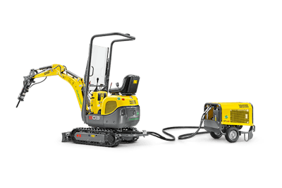 Wacker Neuson's dual power 803 mini excavator can operate via its integrated diesel engine, or electrically when hooked up to the HPU8 electro-hydraulic generator.