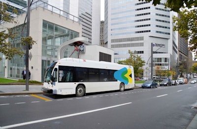 Nova Bus is currently developing a fully electric bus which uses an overhead fast charging station recharge the bus' four batteries.