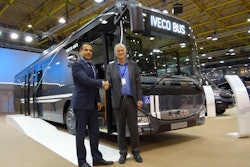 Arne Veggeland, Nettbuss CEO (right), with Paul Mechele, Head of Iveco Bus North Europe, at Busworld 2015.